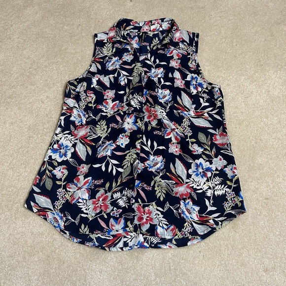 Massini Top Blouse Womens Size M Blue Floral Print‎ Sleeveless V Neck Pockets - Picture 1 of 9